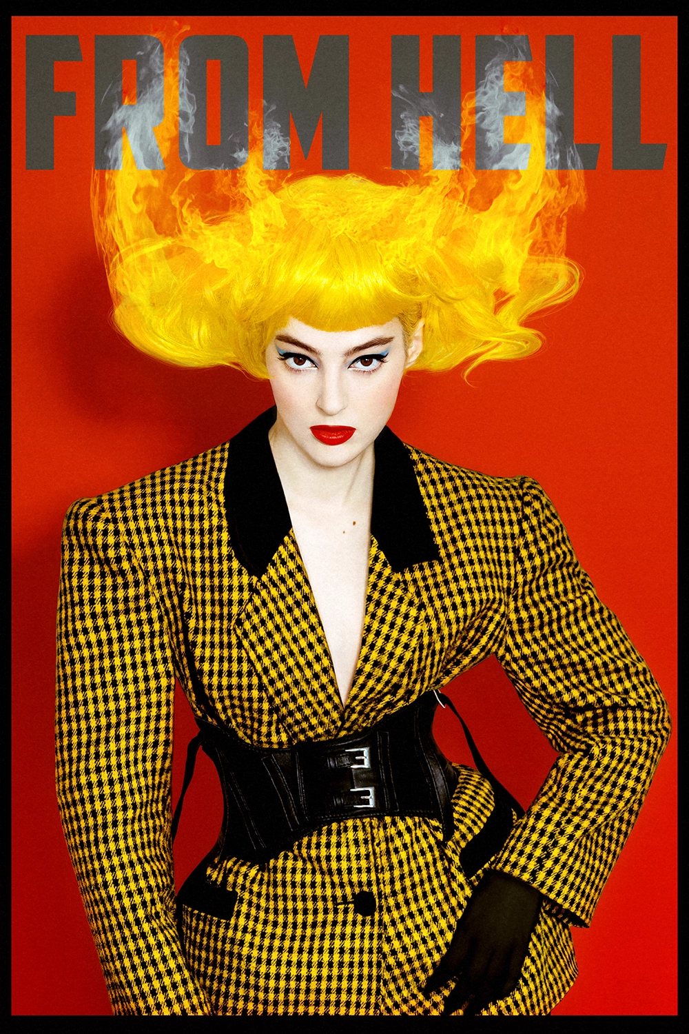 Cover of Valeria Vavoom’s project "From Hell". The image features the artist adorned with flames engulfing her hair.